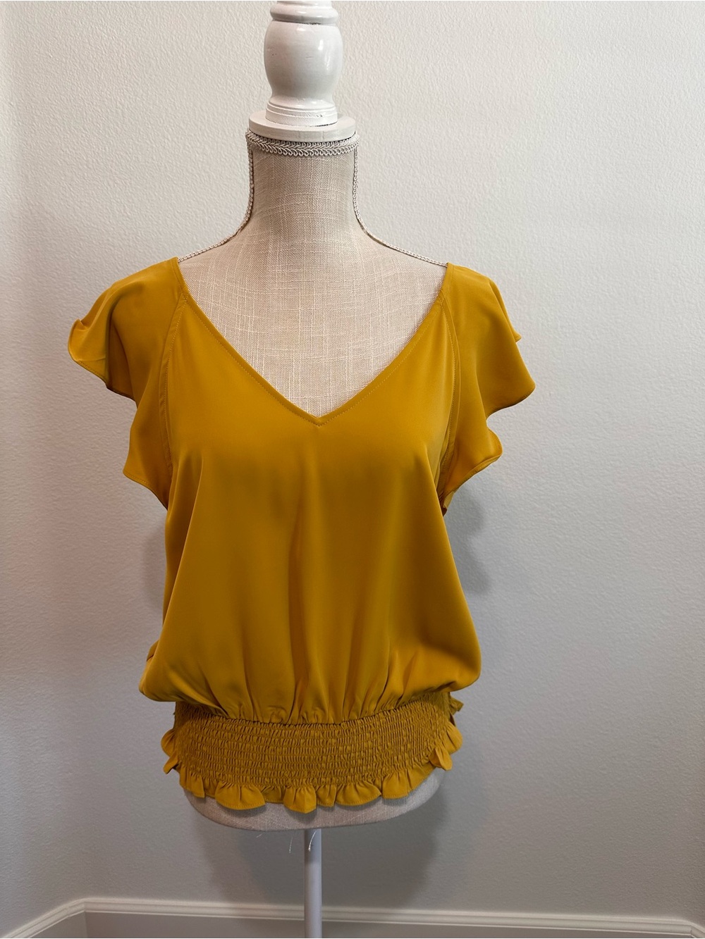Doe & Rae Mustard V-Neck Flutter Sleeve Blouse with Smocked Waist